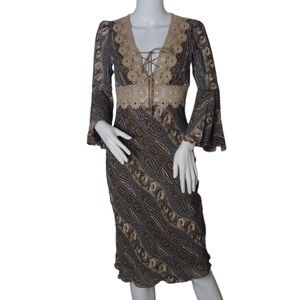 Devan VTG Crochet 70’s Paisley Print Boho Cottagecore Festival Aesthetic Dress